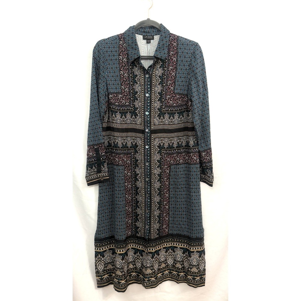 J.Jill Wearever Foulard-Print Midi‎ Shirtdress Black Teal Paisley Womens Size SP